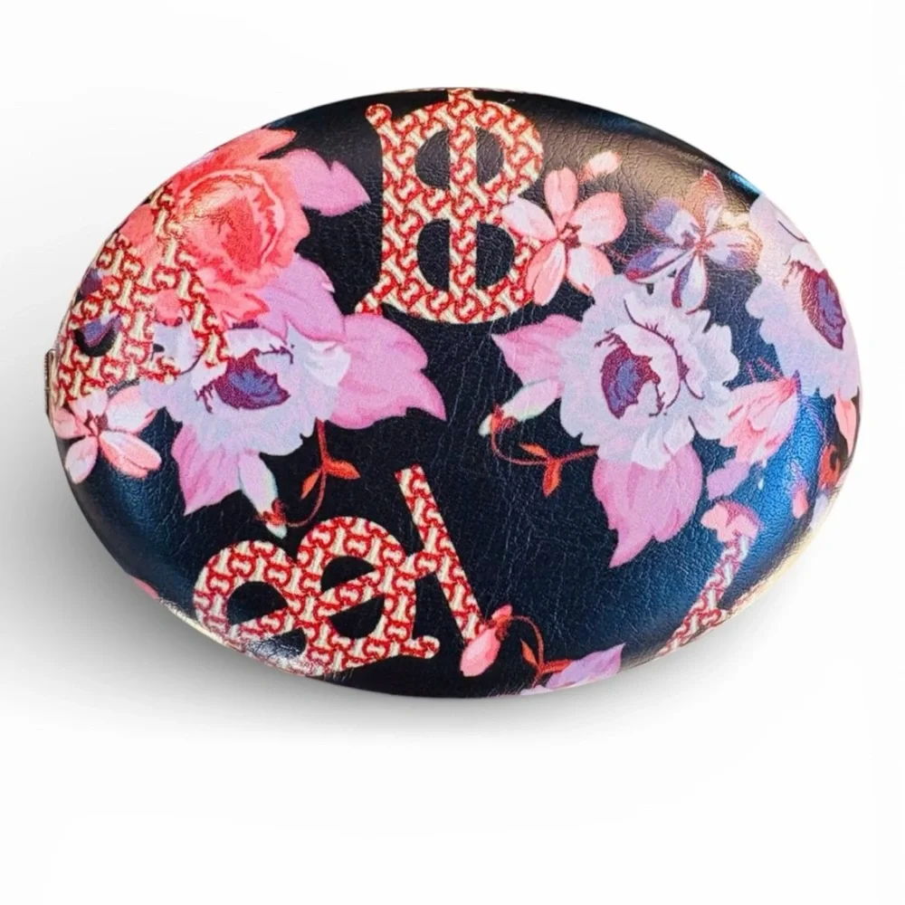 COMPACT MIRROR: Oval-Shaped Black, Pink, & Red w/Floral Design, NWOT